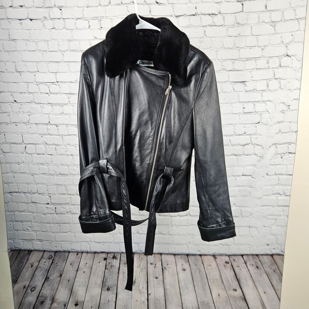 Pelle Studio Wilsons Black Leather Jacket Fur Collar Thinsulate Belted Large